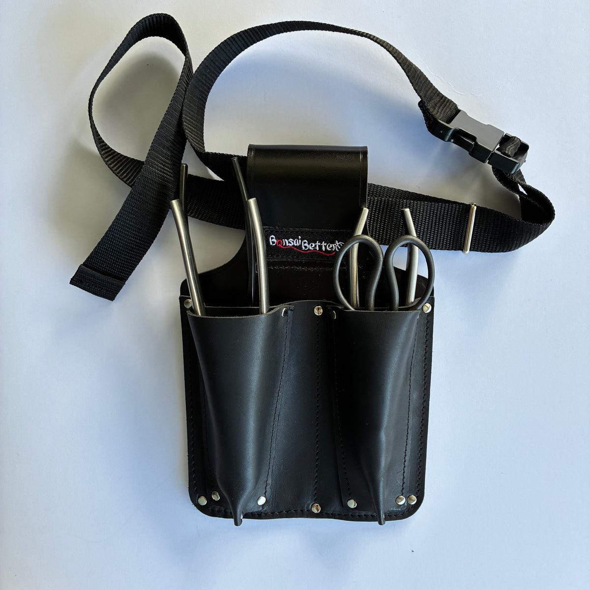 Leather Bonsai Tool Pouch shown with tools 