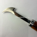 Bonsai carving tool with curved blade and wooden handle on a white background