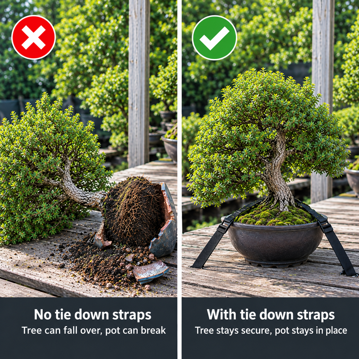 A side-by-side comparison showing a bonsai tree pot on a wooden deck. The left panel shows the pot tipped over with the tree falling out, labeled 'No tie down straps' with a red X icon.