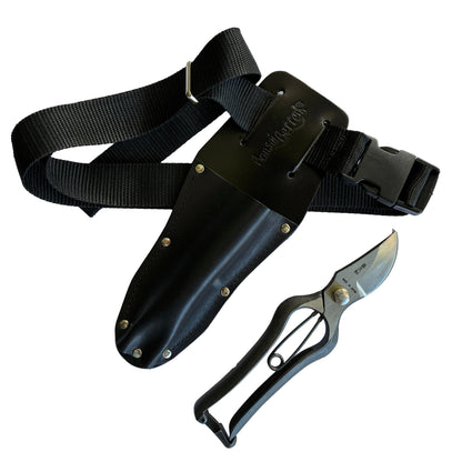 Japanese pruning secateurs in leather holster with adjustable webbing belt