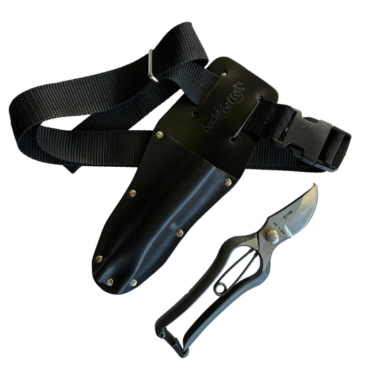 Japanese pruning secateurs in leather holster with adjustable webbing belt