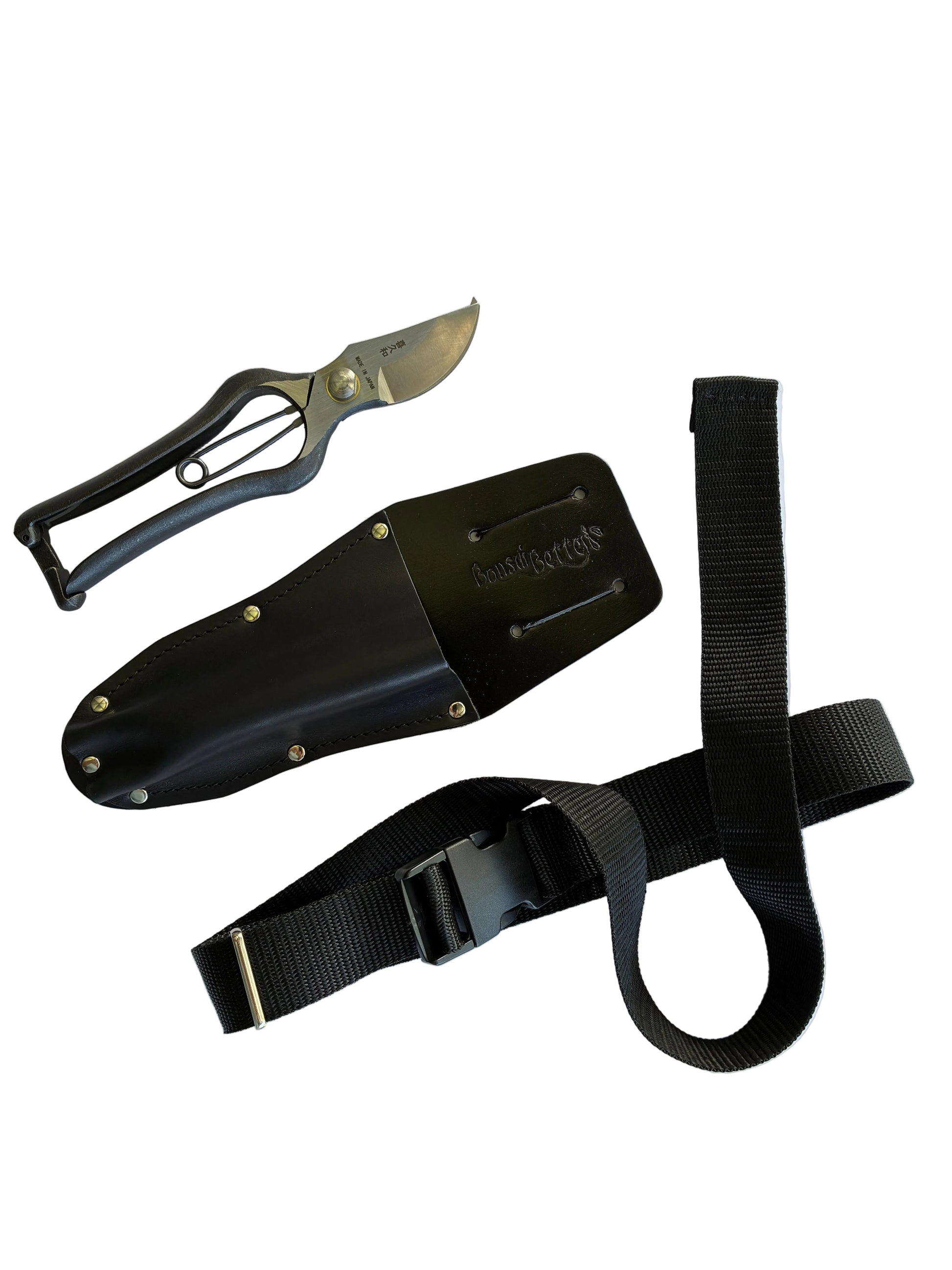 Japanese bonsai secateurs with leather holster and webbing belt set