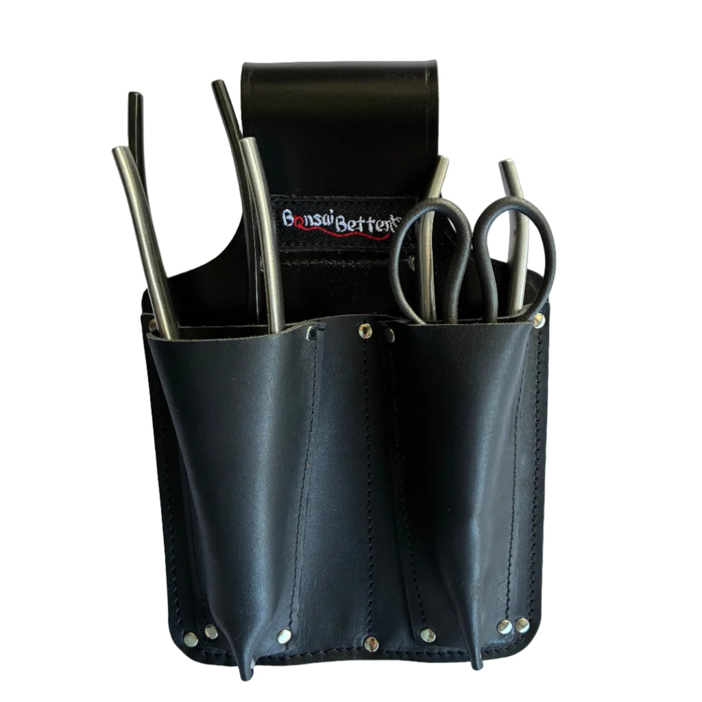 Leather Bonsai Tool Pouch shown with tools