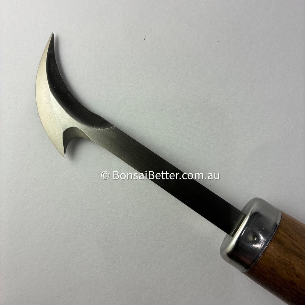Bonsai carving tool with curved blade and wooden handle